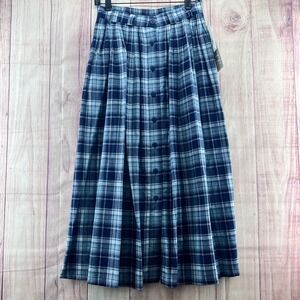 Vtg ORVIS Plaid Pleated Button Front Maxi Skirt Sz 6P Blue Cotton Elastic Waist